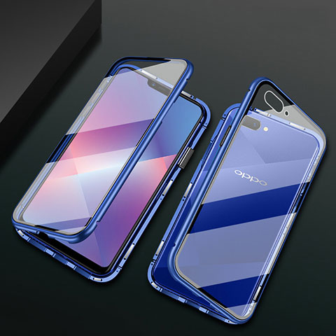 Handyhülle Hülle Luxus Aluminium Metall Rahmen Spiegel 360 Grad Ganzkörper Tasche M01 für Oppo A12e Blau