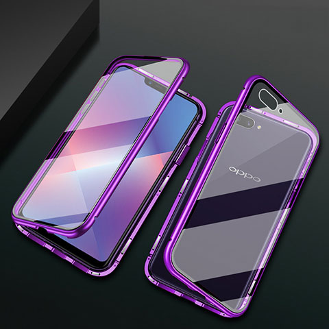 Handyhülle Hülle Luxus Aluminium Metall Rahmen Spiegel 360 Grad Ganzkörper Tasche M01 für Oppo A12e Violett