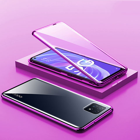 Handyhülle Hülle Luxus Aluminium Metall Rahmen Spiegel 360 Grad Ganzkörper Tasche M01 für Oppo A53 5G Violett