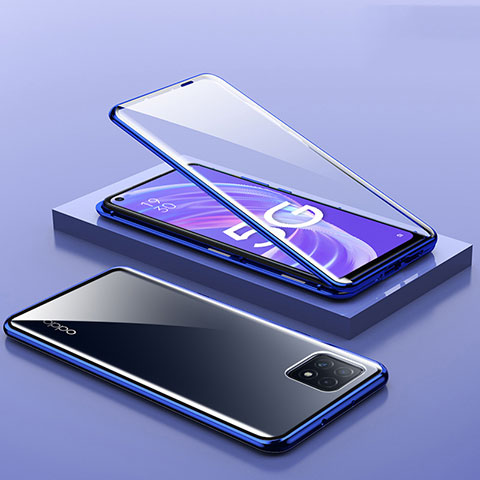 Handyhülle Hülle Luxus Aluminium Metall Rahmen Spiegel 360 Grad Ganzkörper Tasche M01 für Oppo A72 5G Blau