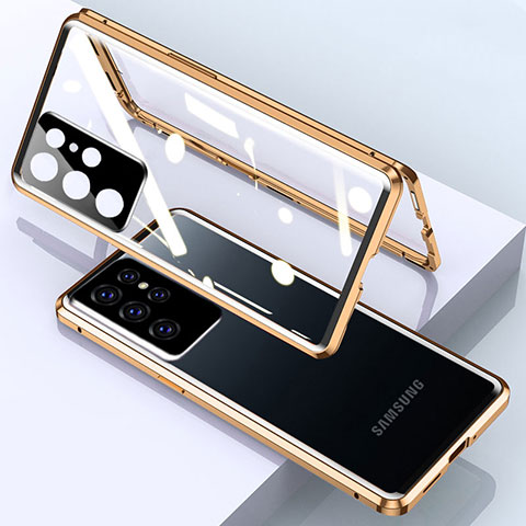 Handyhülle Hülle Luxus Aluminium Metall Rahmen Spiegel 360 Grad Ganzkörper Tasche M01 für Samsung Galaxy S22 Ultra 5G Gold