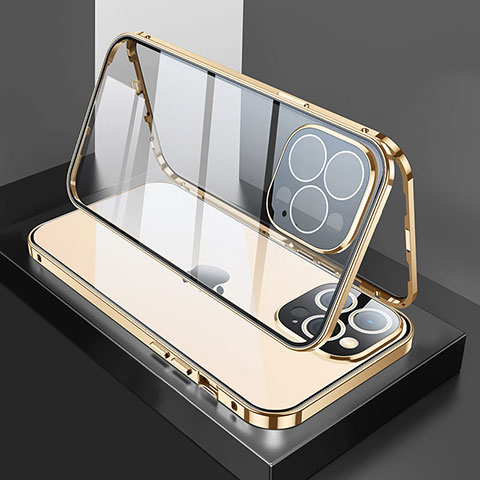 Handyhülle Hülle Luxus Aluminium Metall Rahmen Spiegel 360 Grad Ganzkörper Tasche M02 für Apple iPhone 13 Pro Gold