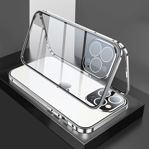 Handyhülle Hülle Luxus Aluminium Metall Rahmen Spiegel 360 Grad Ganzkörper Tasche M02 für Apple iPhone 13 Pro Silber