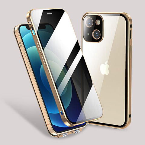 Handyhülle Hülle Luxus Aluminium Metall Rahmen Spiegel 360 Grad Ganzkörper Tasche M02 für Apple iPhone 14 Gold