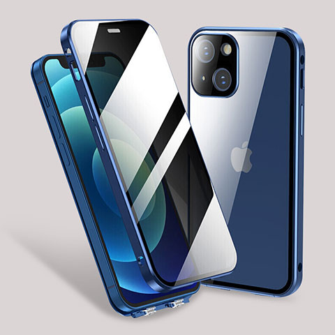 Handyhülle Hülle Luxus Aluminium Metall Rahmen Spiegel 360 Grad Ganzkörper Tasche M02 für Apple iPhone 14 Plus Blau