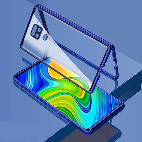 Handyhülle Hülle Luxus Aluminium Metall Rahmen Spiegel 360 Grad Ganzkörper Tasche M02 für Xiaomi Redmi Note 9 Blau