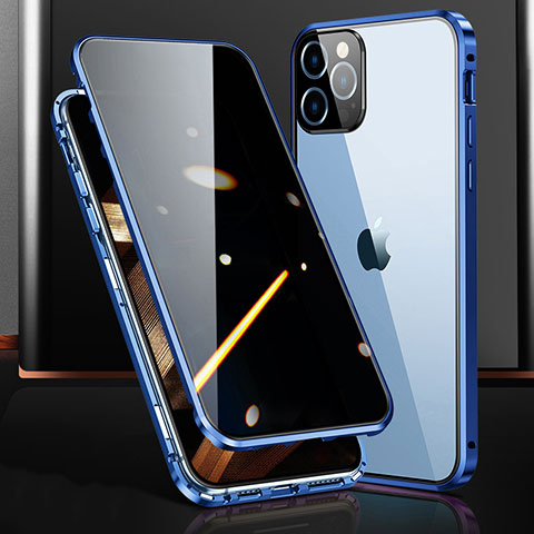 Handyhülle Hülle Luxus Aluminium Metall Rahmen Spiegel 360 Grad Ganzkörper Tasche M03 für Apple iPhone 14 Pro Blau