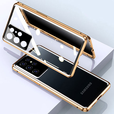 Handyhülle Hülle Luxus Aluminium Metall Rahmen Spiegel 360 Grad Ganzkörper Tasche M03 für Samsung Galaxy S21 Ultra 5G Gold