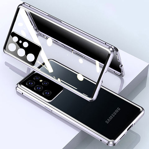 Handyhülle Hülle Luxus Aluminium Metall Rahmen Spiegel 360 Grad Ganzkörper Tasche M03 für Samsung Galaxy S22 Ultra 5G Silber