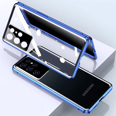 Handyhülle Hülle Luxus Aluminium Metall Rahmen Spiegel 360 Grad Ganzkörper Tasche M03 für Samsung Galaxy S23 Ultra 5G Blau