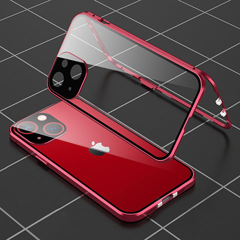 Handyhülle Hülle Luxus Aluminium Metall Rahmen Spiegel 360 Grad Ganzkörper Tasche M04 für Apple iPhone 13 Mini Rot