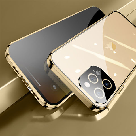 Handyhülle Hülle Luxus Aluminium Metall Rahmen Spiegel 360 Grad Ganzkörper Tasche M04 für Apple iPhone 13 Pro Gold