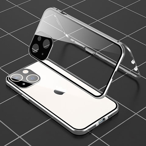 Handyhülle Hülle Luxus Aluminium Metall Rahmen Spiegel 360 Grad Ganzkörper Tasche M04 für Apple iPhone 14 Plus Silber