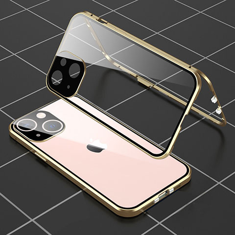 Handyhülle Hülle Luxus Aluminium Metall Rahmen Spiegel 360 Grad Ganzkörper Tasche M04 für Apple iPhone 15 Gold