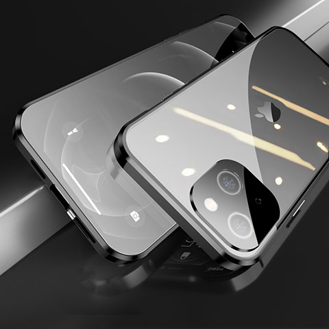 Handyhülle Hülle Luxus Aluminium Metall Rahmen Spiegel 360 Grad Ganzkörper Tasche M05 für Apple iPhone 13 Mini Schwarz