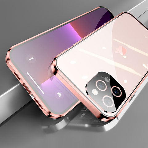 Handyhülle Hülle Luxus Aluminium Metall Rahmen Spiegel 360 Grad Ganzkörper Tasche M05 für Apple iPhone 13 Pro Rosegold