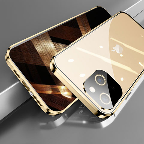 Handyhülle Hülle Luxus Aluminium Metall Rahmen Spiegel 360 Grad Ganzkörper Tasche M05 für Apple iPhone 15 Gold