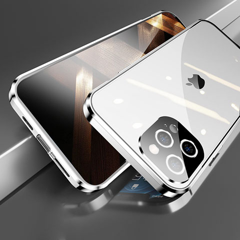 Handyhülle Hülle Luxus Aluminium Metall Rahmen Spiegel 360 Grad Ganzkörper Tasche M05 für Apple iPhone 15 Pro Silber