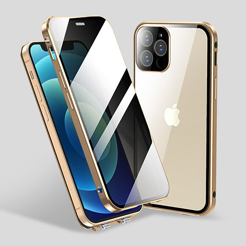 Handyhülle Hülle Luxus Aluminium Metall Rahmen Spiegel 360 Grad Ganzkörper Tasche M06 für Apple iPhone 13 Pro Max Gold