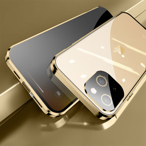 Handyhülle Hülle Luxus Aluminium Metall Rahmen Spiegel 360 Grad Ganzkörper Tasche M06 für Apple iPhone 14 Plus Gold