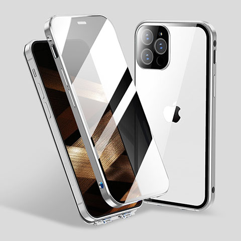 Handyhülle Hülle Luxus Aluminium Metall Rahmen Spiegel 360 Grad Ganzkörper Tasche M06 für Apple iPhone 14 Pro Max Silber