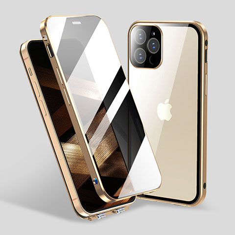 Handyhülle Hülle Luxus Aluminium Metall Rahmen Spiegel 360 Grad Ganzkörper Tasche M06 für Apple iPhone 15 Pro Max Gold