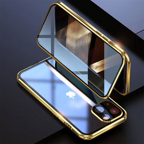 Handyhülle Hülle Luxus Aluminium Metall Rahmen Spiegel 360 Grad Ganzkörper Tasche M08 für Apple iPhone 15 Gold