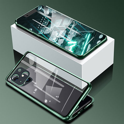 Handyhülle Hülle Luxus Aluminium Metall Rahmen Spiegel 360 Grad Ganzkörper Tasche M09 für Apple iPhone 13 Grün