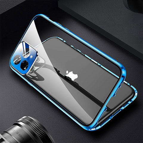 Handyhülle Hülle Luxus Aluminium Metall Rahmen Spiegel 360 Grad Ganzkörper Tasche M09 für Apple iPhone 13 Pro Blau