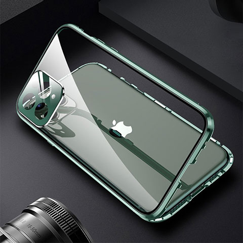 Handyhülle Hülle Luxus Aluminium Metall Rahmen Spiegel 360 Grad Ganzkörper Tasche M09 für Apple iPhone 13 Pro Grün