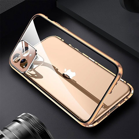 Handyhülle Hülle Luxus Aluminium Metall Rahmen Spiegel 360 Grad Ganzkörper Tasche M09 für Apple iPhone 13 Pro Max Gold