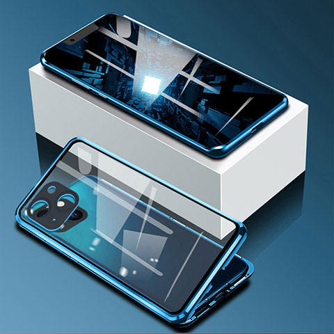Handyhülle Hülle Luxus Aluminium Metall Rahmen Spiegel 360 Grad Ganzkörper Tasche M09 für Apple iPhone 14 Blau