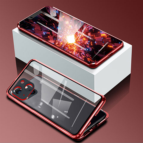 Handyhülle Hülle Luxus Aluminium Metall Rahmen Spiegel 360 Grad Ganzkörper Tasche M09 für Apple iPhone 14 Plus Rot