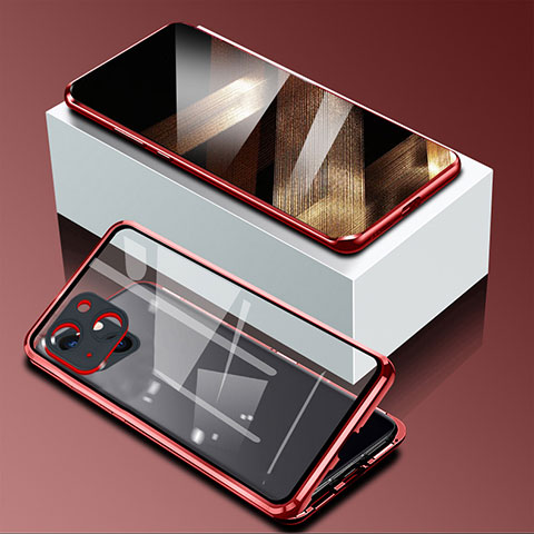 Handyhülle Hülle Luxus Aluminium Metall Rahmen Spiegel 360 Grad Ganzkörper Tasche M09 für Apple iPhone 15 Plus Rot