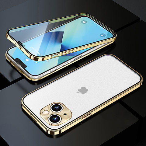 Handyhülle Hülle Luxus Aluminium Metall Rahmen Spiegel 360 Grad Ganzkörper Tasche M10 für Apple iPhone 14 Gold