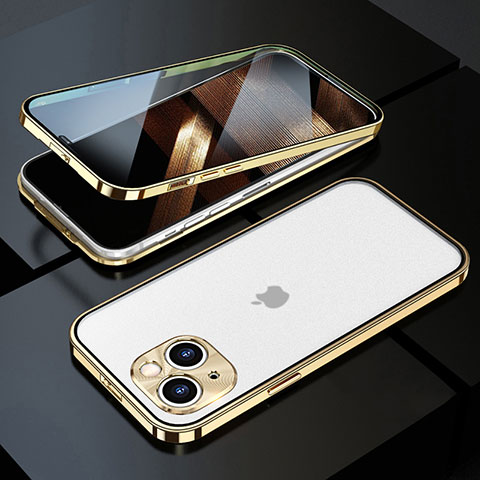 Handyhülle Hülle Luxus Aluminium Metall Rahmen Spiegel 360 Grad Ganzkörper Tasche M10 für Apple iPhone 15 Gold