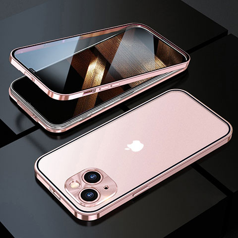 Handyhülle Hülle Luxus Aluminium Metall Rahmen Spiegel 360 Grad Ganzkörper Tasche M10 für Apple iPhone 15 Plus Rosegold