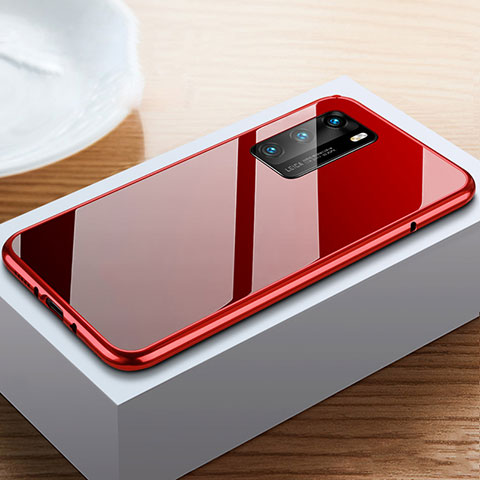 Handyhülle Hülle Luxus Aluminium Metall Rahmen Spiegel 360 Grad Ganzkörper Tasche N01 für Huawei P40 Rot und Schwarz