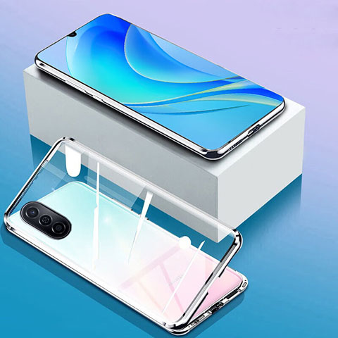 Handyhülle Hülle Luxus Aluminium Metall Rahmen Spiegel 360 Grad Ganzkörper Tasche P01 für Huawei Enjoy 50 Silber