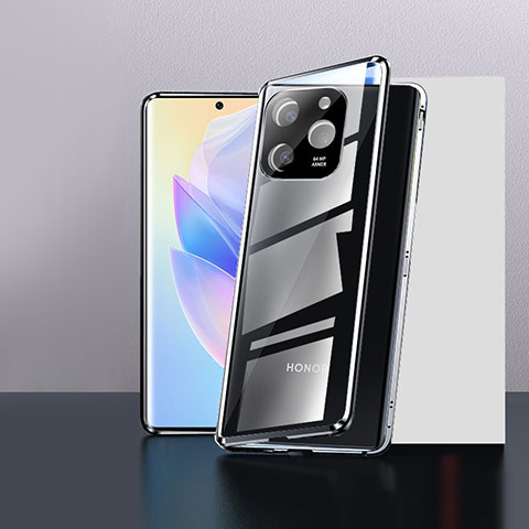 Handyhülle Hülle Luxus Aluminium Metall Rahmen Spiegel 360 Grad Ganzkörper Tasche P01 für Huawei Honor 60 SE 5G Schwarz