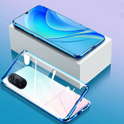 Handyhülle Hülle Luxus Aluminium Metall Rahmen Spiegel 360 Grad Ganzkörper Tasche P01 für Huawei Nova Y70 Blau