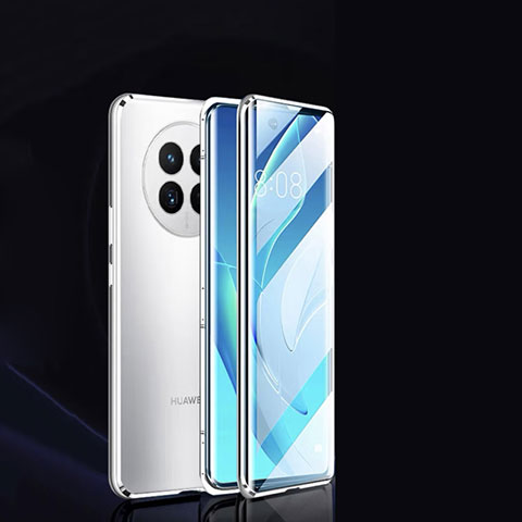 Handyhülle Hülle Luxus Aluminium Metall Rahmen Spiegel 360 Grad Ganzkörper Tasche P01 für Huawei Nova Y91 Silber