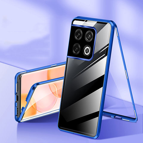 Handyhülle Hülle Luxus Aluminium Metall Rahmen Spiegel 360 Grad Ganzkörper Tasche P01 für OnePlus 10 Pro 5G Blau