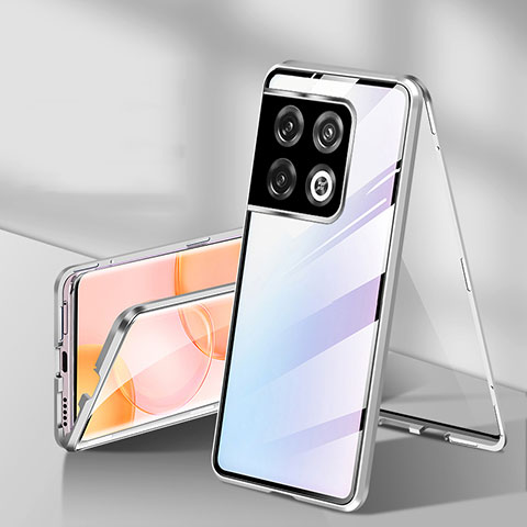 Handyhülle Hülle Luxus Aluminium Metall Rahmen Spiegel 360 Grad Ganzkörper Tasche P01 für OnePlus 10 Pro 5G Silber