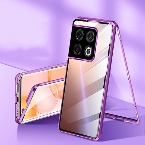 Handyhülle Hülle Luxus Aluminium Metall Rahmen Spiegel 360 Grad Ganzkörper Tasche P01 für OnePlus 10 Pro 5G Violett