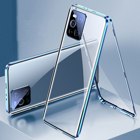 Handyhülle Hülle Luxus Aluminium Metall Rahmen Spiegel 360 Grad Ganzkörper Tasche P01 für Oppo Find X3 Pro 5G Blau