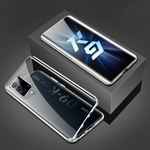 Handyhülle Hülle Luxus Aluminium Metall Rahmen Spiegel 360 Grad Ganzkörper Tasche P01 für Oppo K9 5G Silber