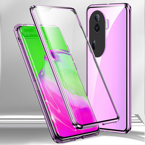 Handyhülle Hülle Luxus Aluminium Metall Rahmen Spiegel 360 Grad Ganzkörper Tasche P01 für Oppo Reno11 Pro 5G Violett