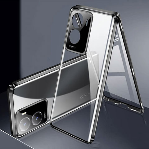 Handyhülle Hülle Luxus Aluminium Metall Rahmen Spiegel 360 Grad Ganzkörper Tasche P01 für Vivo iQOO Z7x 5G Schwarz