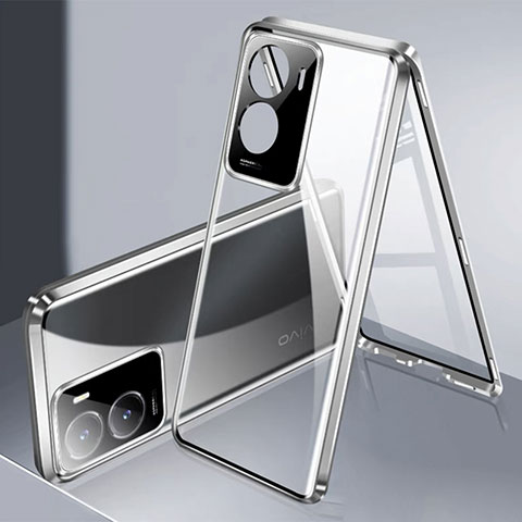 Handyhülle Hülle Luxus Aluminium Metall Rahmen Spiegel 360 Grad Ganzkörper Tasche P01 für Vivo Y35m 5G Silber